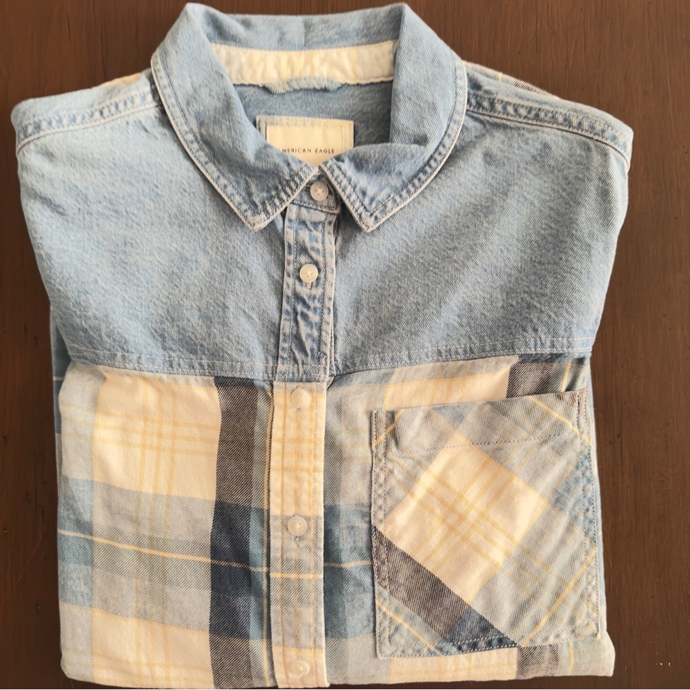 American Eagle Plaid Denim Button Down Shirt Size M Long Sleeve Patchwork Top